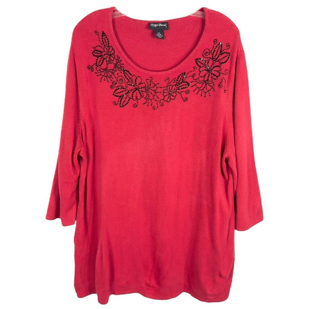 Maggie Barnes Plus Size 22W 24W Sweater 2X Red Black Beaded Floral Knit 201